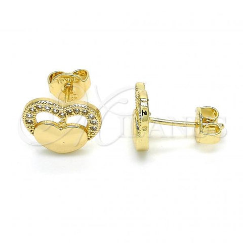 Oro Laminado Stud Earring, Gold Filled Style Heart Design, with White Micro Pave, Polished, Golden Finish, 02.156.0271