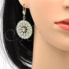 Oro Laminado Dangle Earring, Gold Filled Style Flower and Filigree Design, with White Crystal, Polished, Golden Finish, 61.001