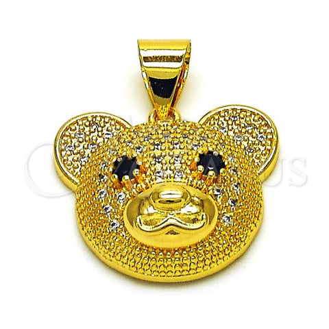 Oro Laminado Fancy Pendant, Gold Filled Style Teddy Bear Design, with White Micro Pave and Black Cubic Zirconia, Polished, Golden Finish, 05.342.0172