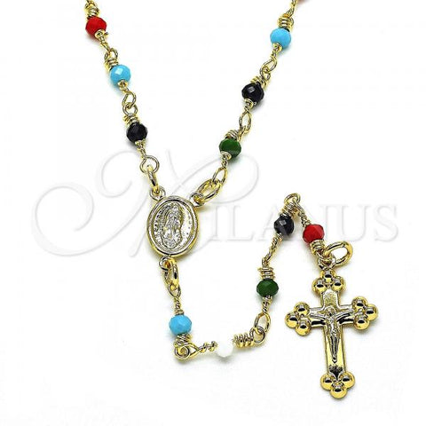 Oro Laminado Thin Rosary, Gold Filled Style Guadalupe and Crucifix Design, with Multicolor Azavache, Polished, Golden Finish, 09.63.0103.1.18