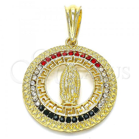 Oro Laminado Religious Pendant, Gold Filled Style Guadalupe and Greek Key Design, with Multicolor Crystal, Polished, Golden Finish, 05.351.0001