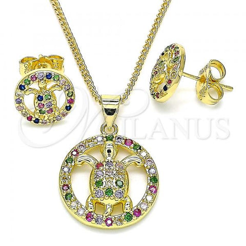 Oro Laminado Earring and Pendant Adult Set, Gold Filled Style Turtle Design, with Multicolor Micro Pave, Polished, Golden Finish, 10.156.0344.1