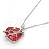 Rhodium Plated Pendant Necklace, Heart and Bow Design, with Padparadscha Swarovski Crystals and White Micro Pave, Polished, Rhodium Finish, 04.239.0001.3.16