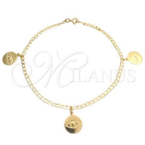 Oro Laminado Charm Anklet , Gold Filled Style Evil Eye and Concave Cuban Design, Polished, Golden Finish, 03.58.0060.10