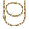 Oro Laminado Necklace and Bracelet, Gold Filled Style Miami Cuban Design, with White Micro Pave, Polished, Golden Finish, 06.63.0298