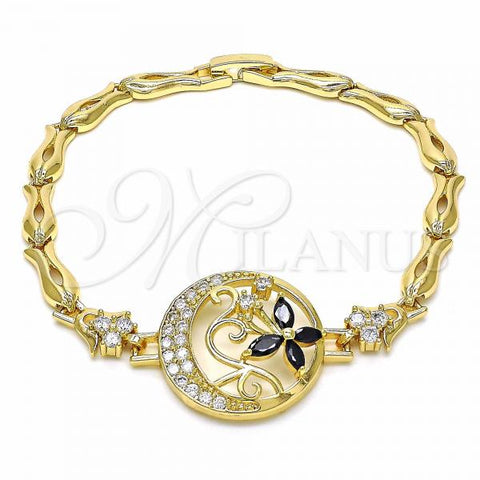 Oro Laminado Fancy Bracelet, Gold Filled Style Butterfly and Fish Design, with Black and White Cubic Zirconia, Polished, Golden Finish, 03.316.0069.08