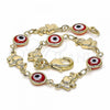 Oro Laminado Fancy Bracelet, Gold Filled Style Evil Eye and Elephant Design, Red Resin Finish, Golden Finish, 03.326.0010.1.06