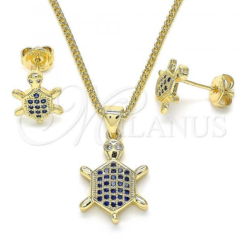 Oro Laminado Earring and Pendant Adult Set, Gold Filled Style Turtle Design, with Sapphire Blue and White Micro Pave, Polished, Golden Finish, 10.156.0019.2
