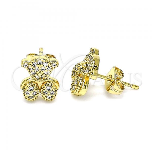 Oro Laminado Stud Earring, Gold Filled Style Teddy Bear Design, with White Micro Pave, Polished, Golden Finish, 02.342.0177