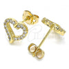 Oro Laminado Stud Earring, Gold Filled Style Heart Design, with White Micro Pave, Polished, Golden Finish, 02.342.0099