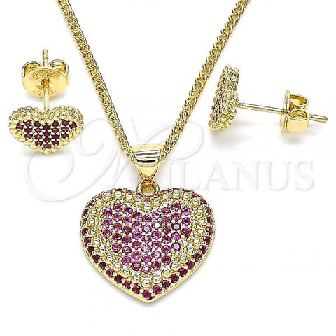 Oro Laminado Earring and Pendant Adult Set, Gold Filled Style Heart Design, with Ruby Micro Pave, Polished, Golden Finish, 10.156.0251.1