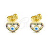 Oro Laminado Stud Earring, Gold Filled Style Evil Eye and Heart Design, with Multicolor Micro Pave, White Enamel Finish, Golden Finish, 02.156.0591.1