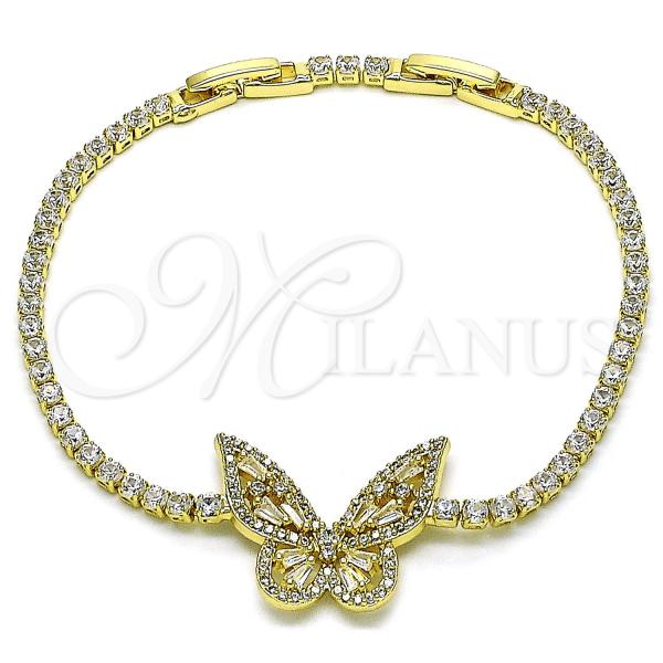 Oro Laminado Tennis Bracelet, Gold Filled Style Butterfly and Baguette Design, with White Cubic Zirconia and White Micro Pave, Polished, Golden Finish, 03.284.0042.08