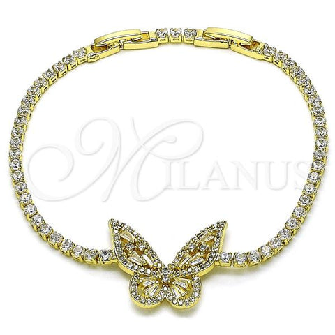 Oro Laminado Tennis Bracelet, Gold Filled Style Butterfly and Baguette Design, with White Cubic Zirconia and White Micro Pave, Polished, Golden Finish, 03.284.0042.08