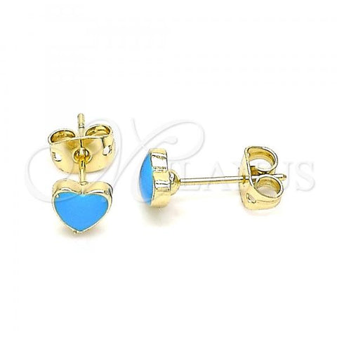 Oro Laminado Stud Earring, Gold Filled Style Heart Design, Light Blue Enamel Finish, Golden Finish, 02.213.0292.4