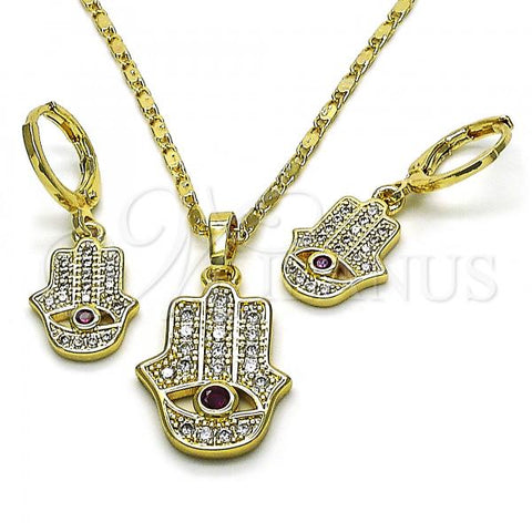 Oro Laminado Earring and Pendant Adult Set, Gold Filled Style Hand of God Design, with White and Ruby Cubic Zirconia, Polished, Golden Finish, 10.196.0091