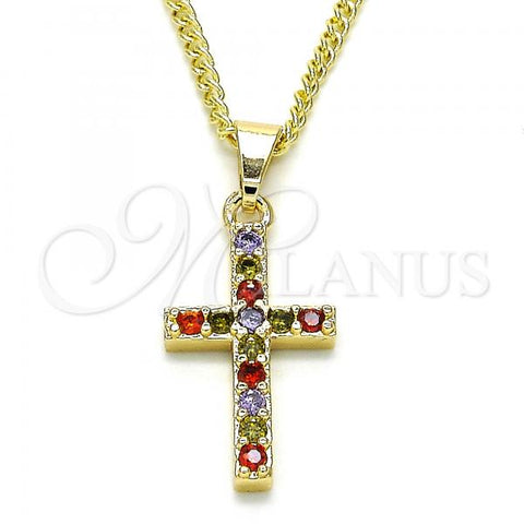 Oro Laminado Pendant Necklace, Gold Filled Style Cross Design, with Multicolor Cubic Zirconia, Polished, Golden Finish, 04.284.0007.3.22