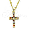 Oro Laminado Pendant Necklace, Gold Filled Style Cross Design, with Multicolor Cubic Zirconia, Polished, Golden Finish, 04.284.0007.3.22