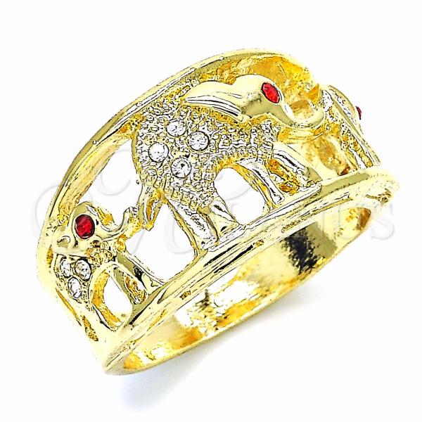 Oro Laminado Multi Stone Ring, Gold Filled Style Elephant Design, with White and Garnet Crystal, Polished, Golden Finish, 01.351.0005.08 (Size 8)
