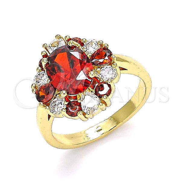 Oro Laminado Multi Stone Ring, Gold Filled Style Teardrop Design, with Garnet and White Cubic Zirconia, Polished, Golden Finish, 01.210.0124.1.08