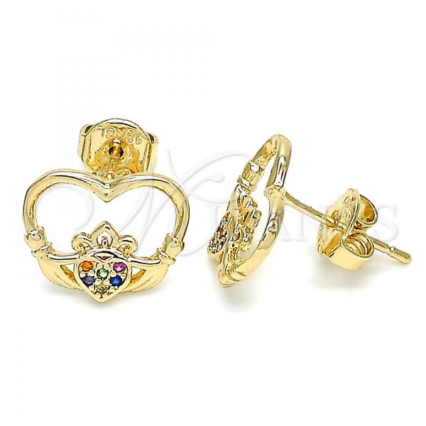 Oro Laminado Stud Earring, Gold Filled Style Heart Design, with Multicolor Micro Pave, Polished, Golden Finish, 02.156.0442.3