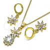 Oro Laminado Earring and Pendant Adult Set, Gold Filled Style Flower and Teardrop Design, with White Cubic Zirconia, Polished, Golden Finish, 10.316.0065