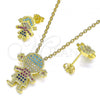 Oro Laminado Earring and Pendant Adult Set, Gold Filled Style Little Girl Design, with Multicolor Micro Pave, Polished, Golden Finish, 10.207.0003