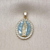 Oro Laminado Religious Pendant, Gold Filled Style Guadalupe Design, with White Cubic Zirconia, Light Blue Enamel Finish, Golden Finish, 05.284.0016.2