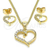 Oro Laminado Earring and Pendant Adult Set, Gold Filled Style Heart Design, with White Micro Pave, Polished, Golden Finish, 10.342.0035