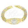 Oro Laminado Fancy Bracelet, Gold Filled Style Divino Niño and Heart Design, Diamond Cutting Finish, Tricolor, 03.100.0064.1.07