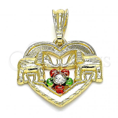 Oro Laminado Fancy Pendant, Gold Filled Style Heart and Elephant Design, with White Crystal, Polished, Tricolor, 05.351.0116