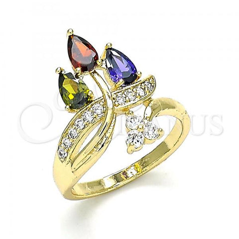 Oro Laminado Multi Stone Ring, Gold Filled Style Teardrop Design, with Multicolor Cubic Zirconia and White Micro Pave, Polished, Golden Finish, 01.210.0138.08