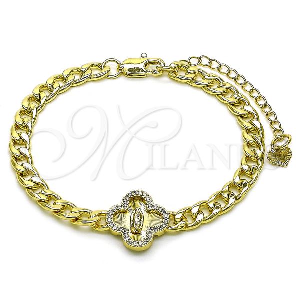 Oro Laminado Fancy Bracelet, Gold Filled Style Four-leaf Clover and Guadalupe Design, with White Cubic Zirconia, Diamond Cutting Finish, Golden Finish, 03.120.0008.7