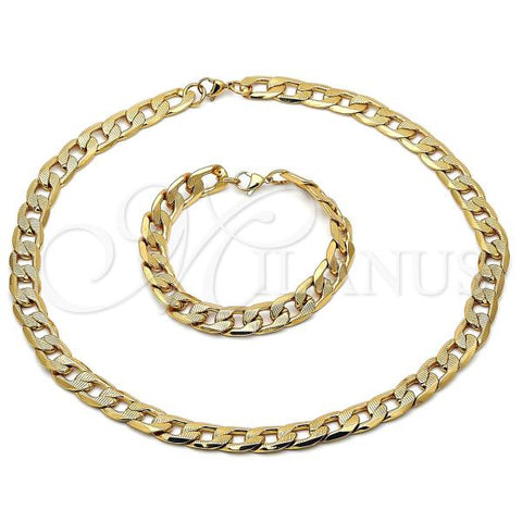 Stainless Steel Necklace and Bracelet, Pave Cuban Design, Diamond Cutting Finish, Golden Finish, 06.116.0028.1