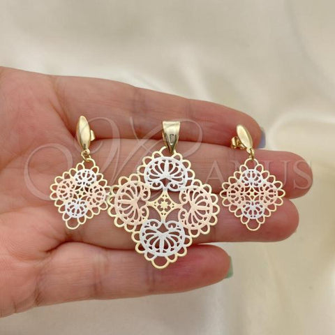 Oro Laminado Earring and Pendant Adult Set, Gold Filled Style Tricolor, 5.048.004