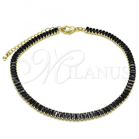 Oro Laminado Fancy Anklet, Gold Filled Style Baguette Design, with Black Cubic Zirconia, Polished, Golden Finish, 03.130.0008.2.10