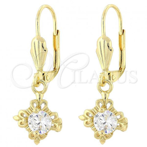 Oro Laminado Dangle Earring, Gold Filled Style Flower Design, with White Cubic Zirconia, Polished, Golden Finish, 02.63.2453