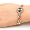 Oro Laminado Fancy Bracelet, Gold Filled Style Flower Design, with Green and White Cubic Zirconia, Polished, Golden Finish, 03.210.0044.1.08