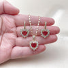 Oro Laminado Earring and Pendant Adult Set, Gold Filled Style Heart and Cluster Design, with Ruby and White Cubic Zirconia, Polished, Golden Finish, 10.196.0192.1