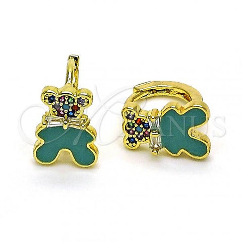Oro Laminado Huggie Hoop, Gold Filled Style Teddy Bear Design, with Multicolor Micro Pave and White Cubic Zirconia, Turquoise Enamel Finish, Golden Finish, 02.210.0788.1.10
