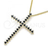 Oro Laminado Pendant Necklace, Gold Filled Style Cross Design, with Black Cubic Zirconia, Polished, Golden Finish, 04.284.0024.2.20