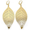 Oro Laminado Dangle Earring, Gold Filled Style Leaf and Filigree Design, with White Crystal, Polished, Golden Finish, 65.001