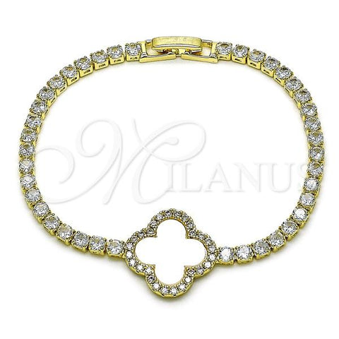 Oro Laminado Fancy Bracelet, Gold Filled Style Four-leaf Clover Design, with Ivory Mother of Pearl and White Cubic Zirconia, Polished, Golden Finish, 03.284.0047.07