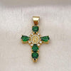 Oro Laminado Religious Pendant, Gold Filled Style Cross Design, with Green and White Cubic Zirconia, Polished, Golden Finish, 05.342.0228