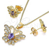 Oro Laminado Earring and Pendant Adult Set, Gold Filled Style Butterfly Design, with Amethyst Cubic Zirconia and White Micro Pave, Polished, Golden Finish, 10.210.0128.3