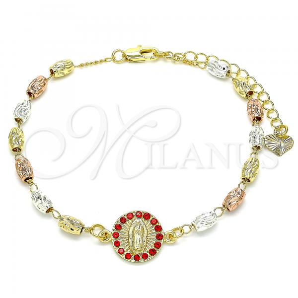 Oro Laminado Fancy Bracelet, Gold Filled Style Guadalupe Design, with Garnet Crystal, Diamond Cutting Finish, Tricolor, 03.253.0059.1.07