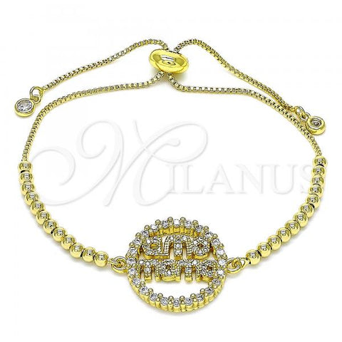 Oro Laminado Adjustable Bolo Bracelet, Gold Filled Style Ball Design, with White Micro Pave and White Cubic Zirconia, Polished, Golden Finish, 03.341.0153.10