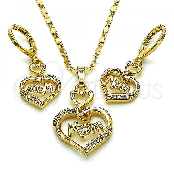 Oro Laminado Earring and Pendant Adult Set, Gold Filled Style Heart and Mom Design, with White Micro Pave, Polished, Golden Finish, 10.196.0066.1