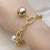 Oro Laminado Charm Bracelet, Gold Filled Style Rolo and Ball Design, with Ivory Pearl and White Cubic Zirconia, Polished, Golden Finish, 03.331.0264.09