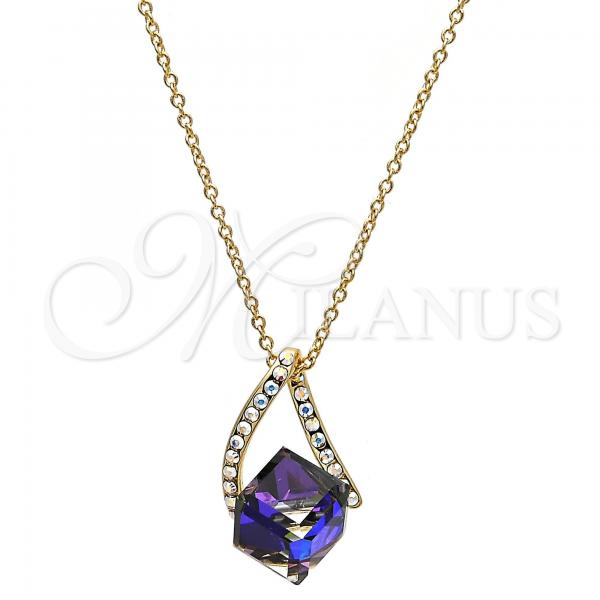 Oro Laminado Pendant Necklace, Gold Filled Style Rolo Design, with Heliotrope and Aurore Boreale Swarovski Crystals, Polished, Golden Finish, 04.239.0039.8.16